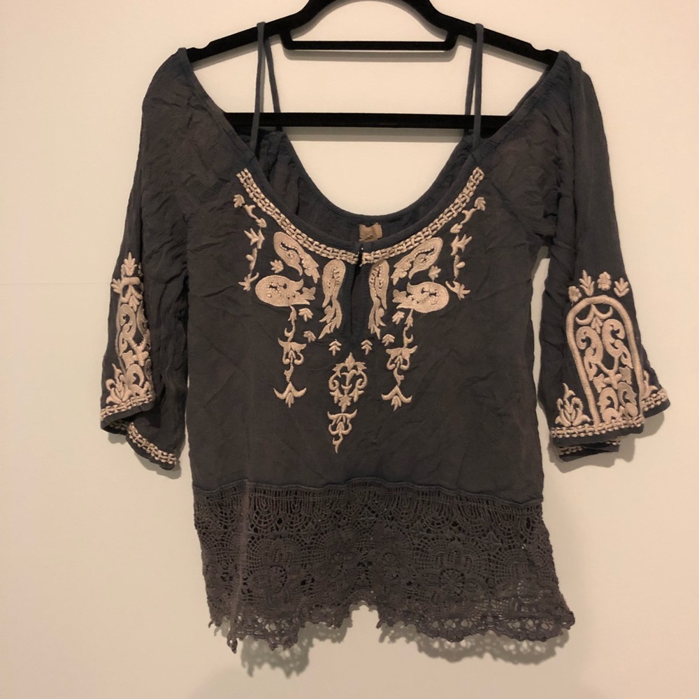 Ecoté Blue Off-shoulder Embroidered Lace Top